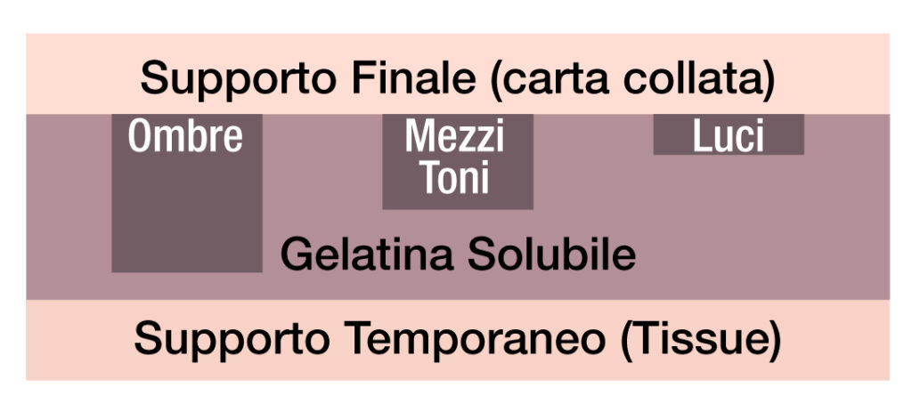 Il Supporto Temporaneo e il Supporto Finale vengono accoppiati e insieme immersi in un bagno di acqua calda per lo sviluppo